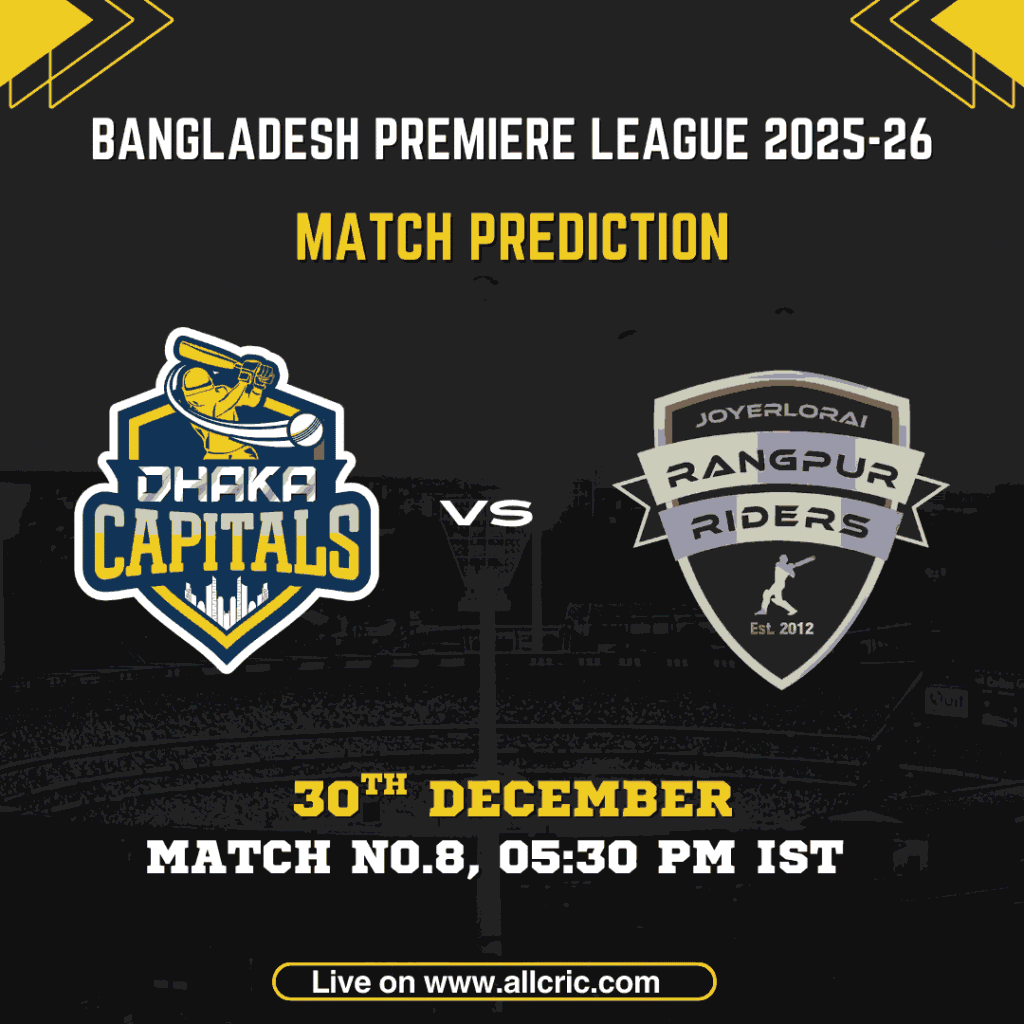 Dhaka Capitals vs Rangpur Riders match prediction for BPL Match 8 at Sylhet International Cricket Stadium, featuring Dhaka Capitals and Rangpur Riders logos with Dream11 fantasy prediction focus