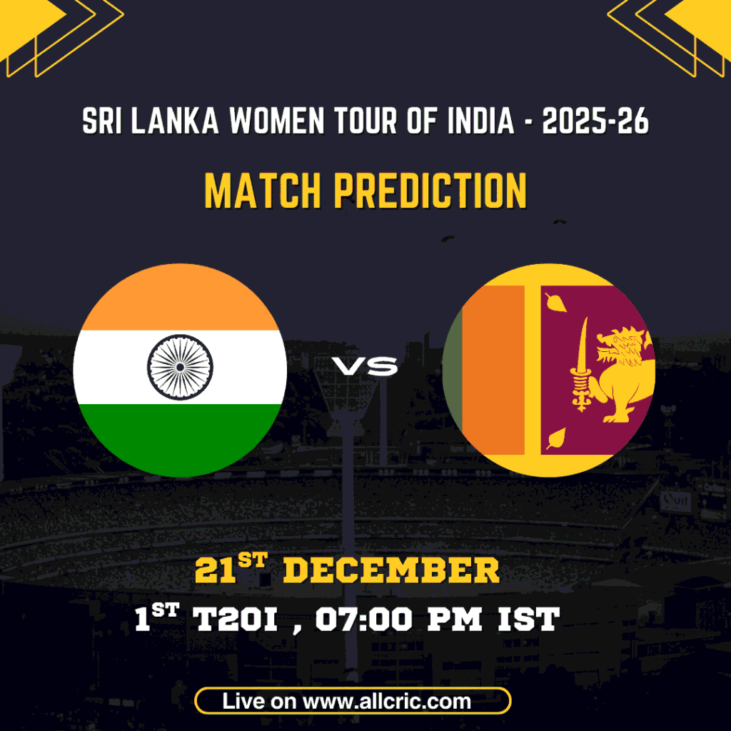 IND W vs SL W today match prediction graphic for 1st T20I of Sri Lanka Women tour of India 2025-26, showing India Women vs Sri Lanka Women flags, match date 21 December, venue ACA-VDCA Stadium Visakhapatnam, and Dream11 fantasy prediction focus.