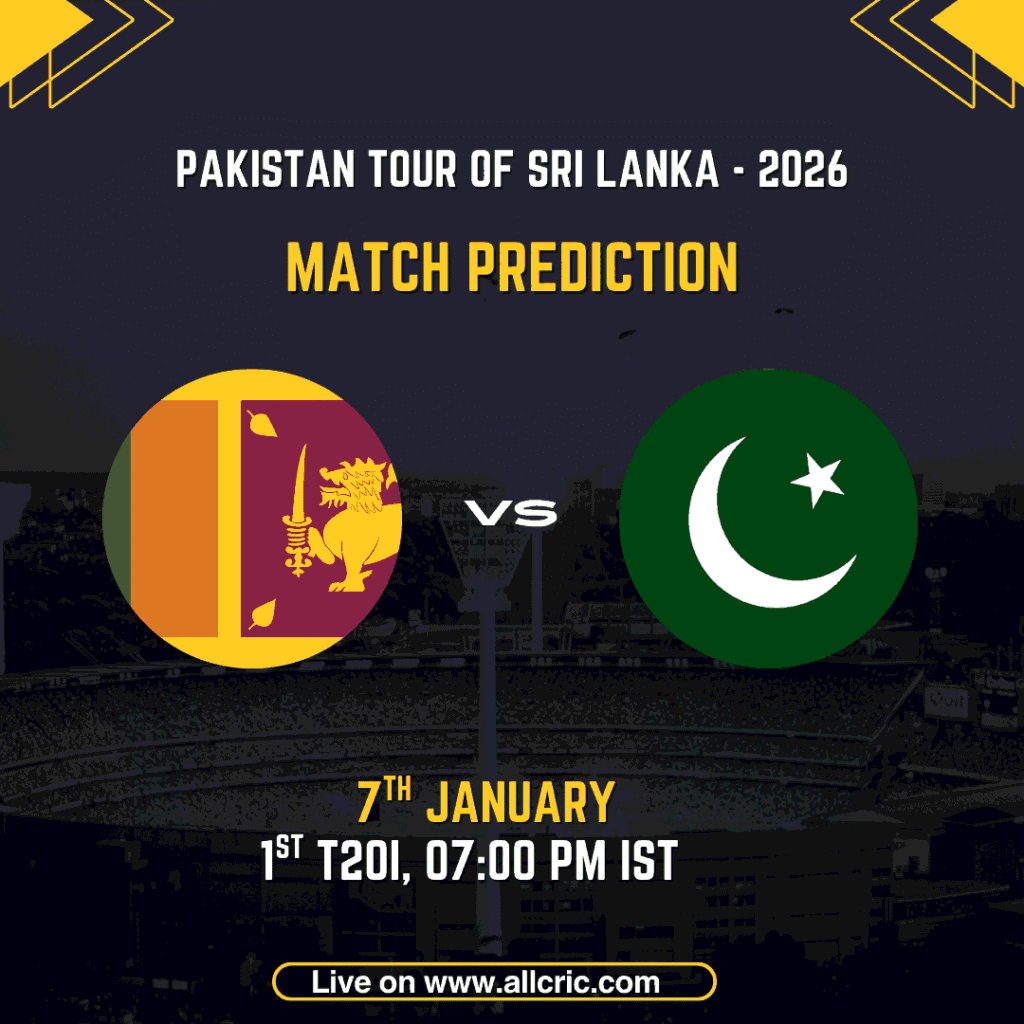 SL vs PAK 1st T20I match prediction graphic showing Sri Lanka vs Pakistan for the Pakistan tour of Sri Lanka 2026, including SL vs PAK Dream11 prediction today match, toss update, venue details, and win prediction.