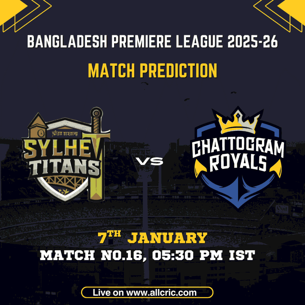 SLT vs CHR Match Prediction for BPL 2025–26 Match 16 featuring Sylhet Titans vs Chattogram Royals, including SLT vs CHR prediction, fantasy prediction, and SLT vs CHR Dream11 team today at Sylhet International Cricket Stadium.