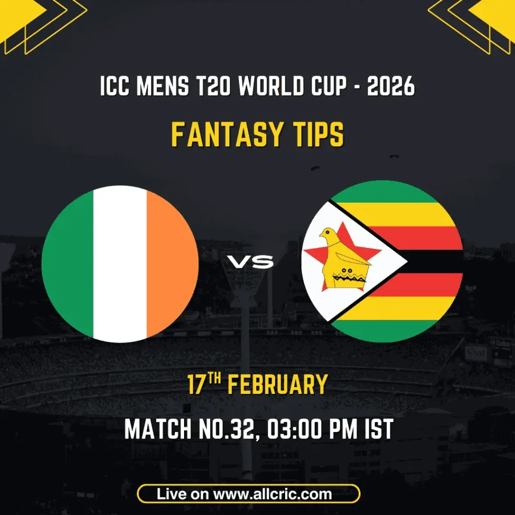 Ireland vs Zimbabwe ICC Men's T20 World Cup 2026 Match 32 fantasy tips graphic featuring national flags, match details for February 17th 2026 at 7:00 PM IST at Pallekele International Cricket Stadium, with Dream11 team suggestions and fantasy cricket tips