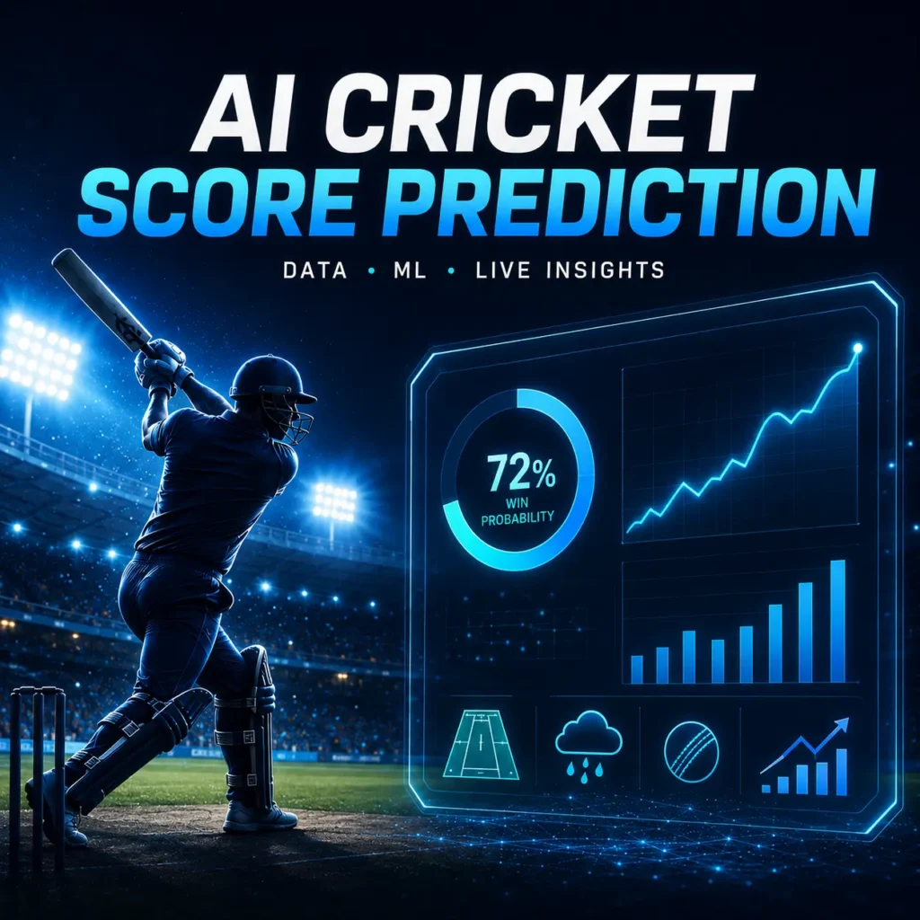 AI cricket score prediction dashboard displaying live win probability, score forecasting, machine learning analytics, pitch conditions, weather insights, and predictive graphs for real-time cricket match analysis.