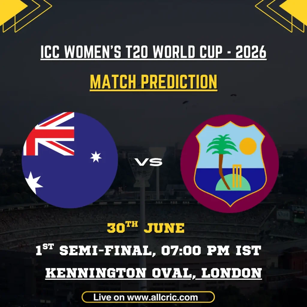 AUS-W vs WI-W today match prediction graphic for the ICC Women's T20 World Cup 2026 1st Semi-Final at Kennington Oval, London, featuring Australia Women vs West Indies Women with Australia favoured to reach the final.