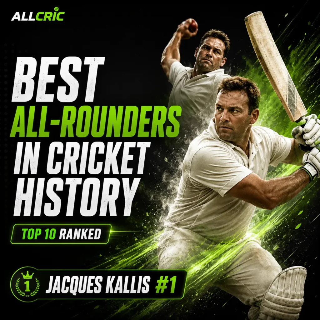 Top 10 best all-rounders in cricket history ranked, featuring Jacques Kallis at No.1. The image showcases a legendary cricketer excelling with both bat and ball, symbolizing the greatest all-rounders who dominated international cricket through batting consistency, wicket-taking ability, versatility, and match-winning performances.