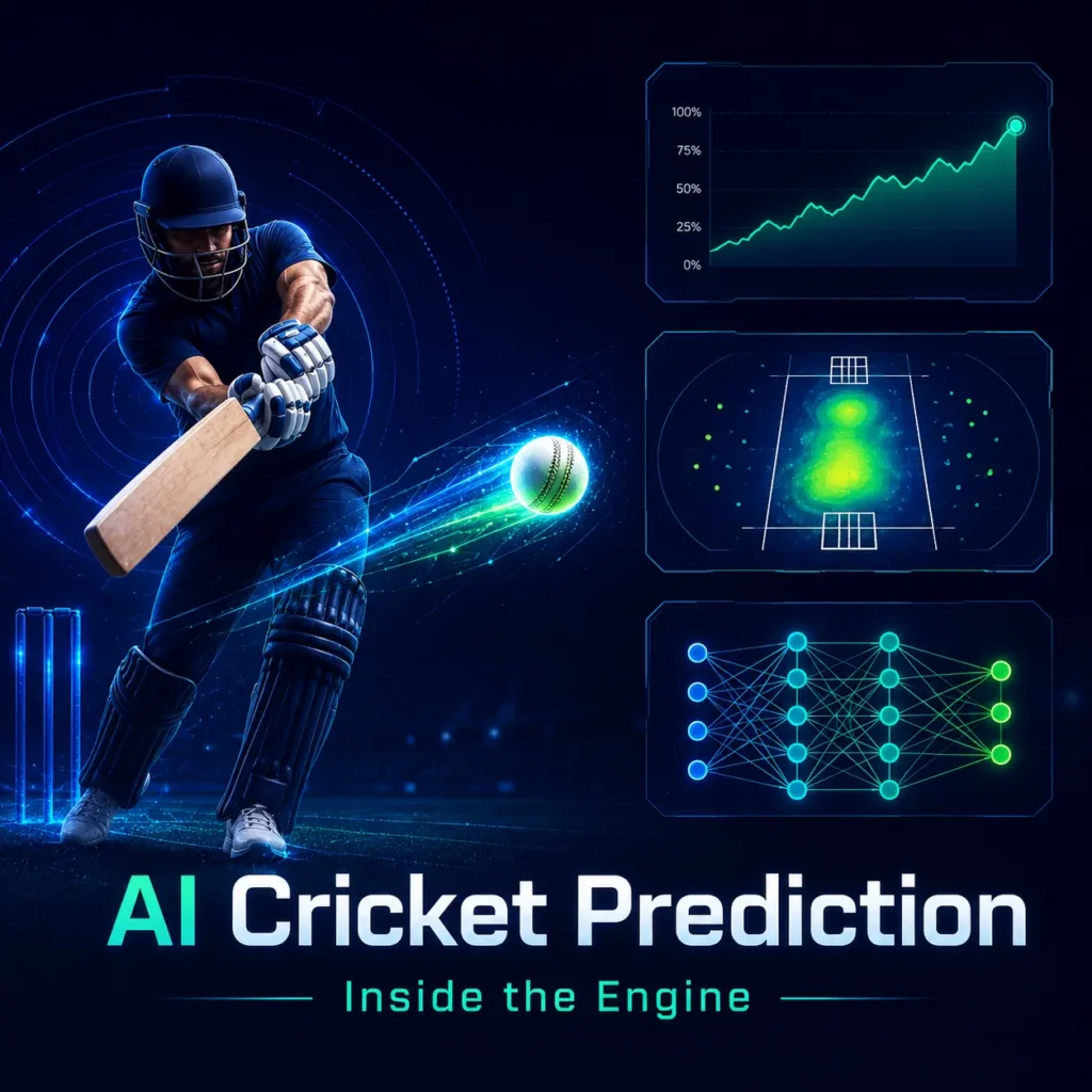 AI cricket prediction infographic showing a batter with live analytics dashboards, performance graphs, pitch heatmaps, and neural network models, explaining how cricket prediction AI uses machine learning, real-time data, and simulations to forecast match outcomes.
