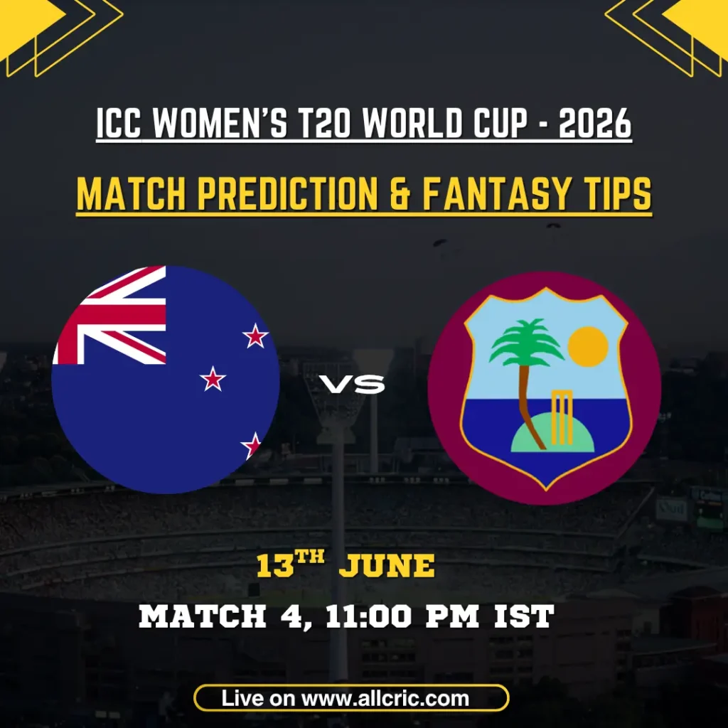 NZ-W vs WI-W today match prediction and Dream11 prediction graphic for ICC Women’s T20 World Cup 2026 Match 4 at The Rose Bowl, Southampton. The image features New Zealand Women vs West Indies Women with fantasy cricket tips, Dream11 team prediction, and match prediction insights for the tournament clash.