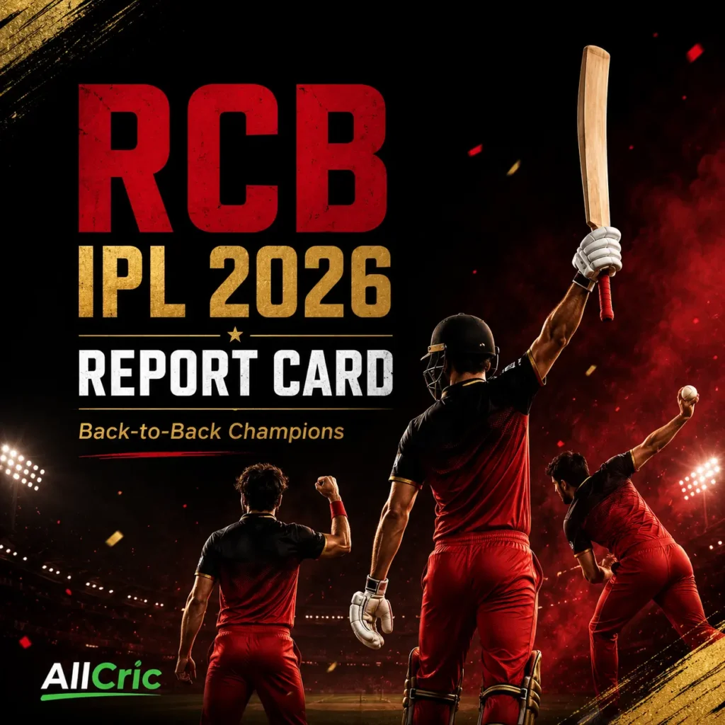 RCB IPL 2026 report card graphic celebrating Royal Challengers Bengaluru’s back-to-back IPL titles. The image highlights RCB’s championship-winning 2026 season, featuring a dominant campaign led by Virat Kohli, Rajat Patidar, Josh Hazlewood, and Bhuvneshwar Kumar as the team successfully defended its IPL crown.