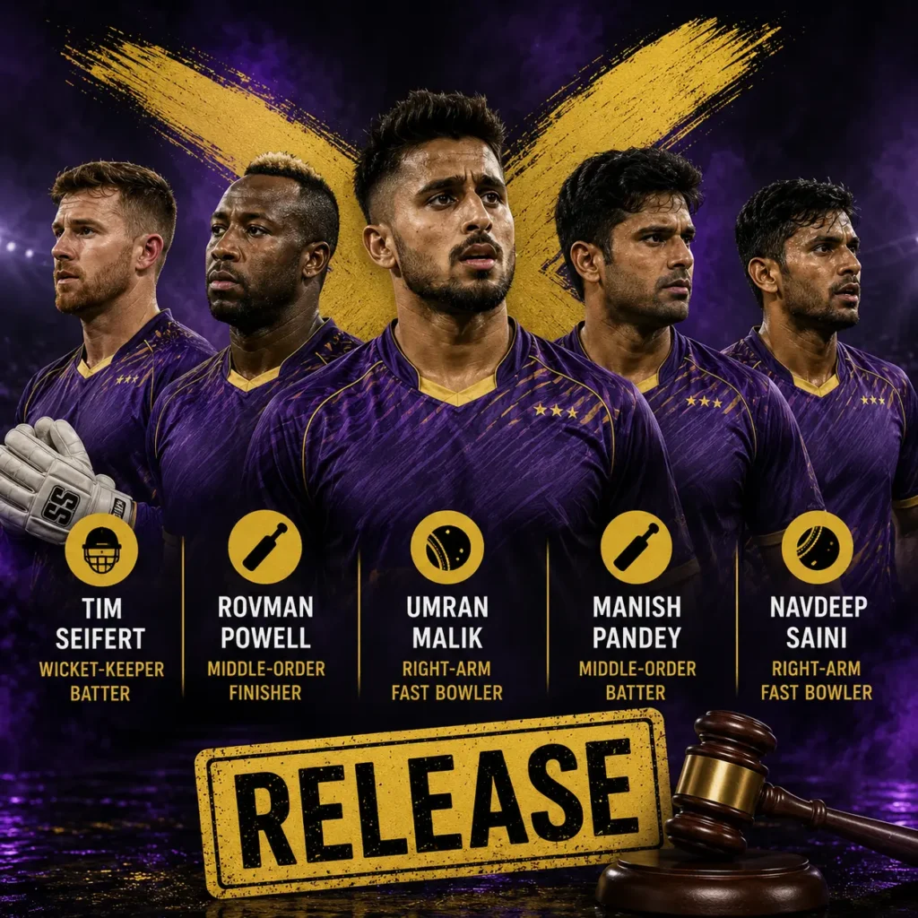 KKR released players 2027 graphic featuring Tim Seifert, Rovman Powell, Umran Malik, Manish Pandey, and Navdeep Saini as potential Kolkata Knight Riders release candidates ahead of the IPL 2027 mini-auction.