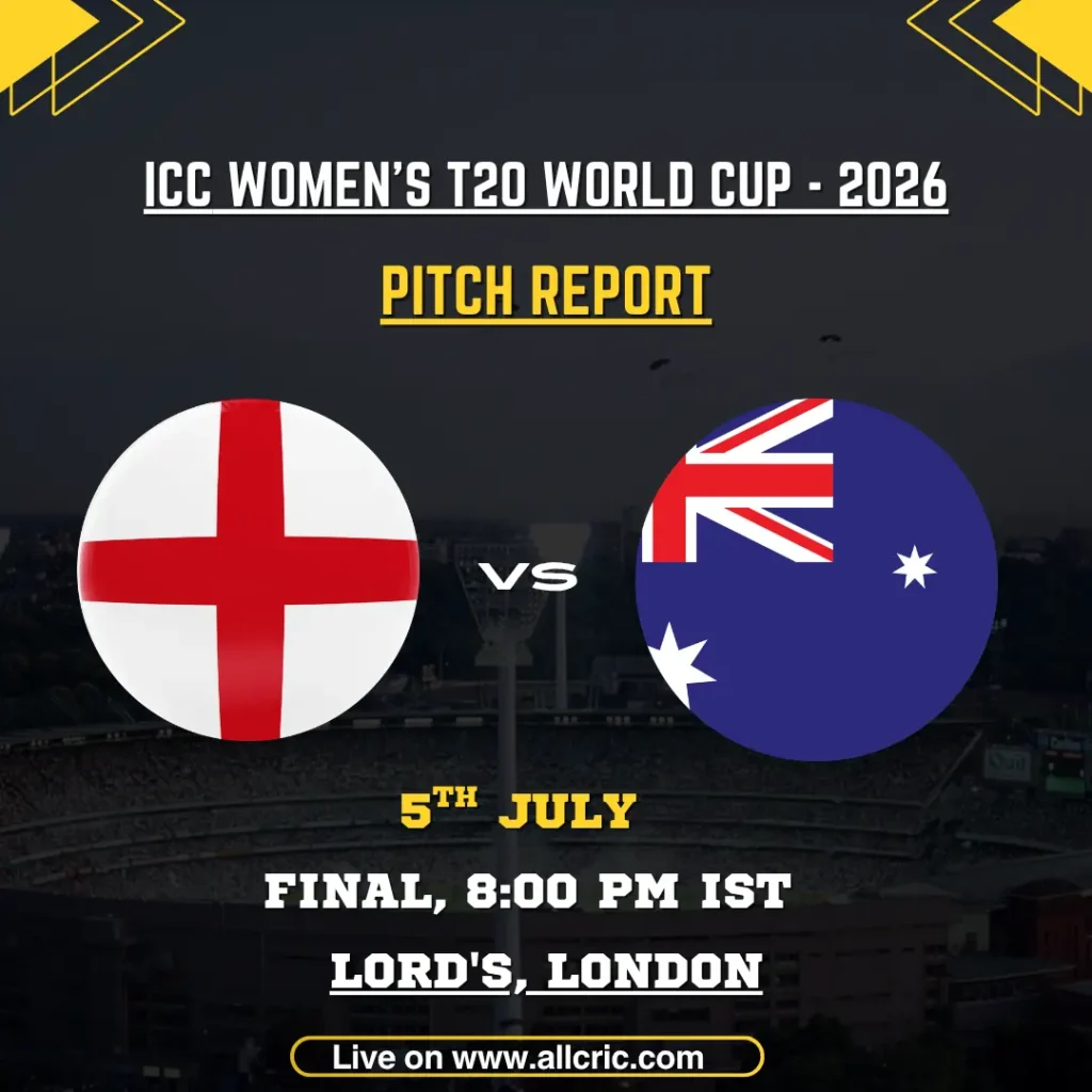 Lord's London pitch report for the ENG-W vs AUS-W ICC Women's T20 World Cup 2026 Final, featuring England Women vs Australia Women, venue stats, first-innings average, toss prediction, batting vs bowling analysis, and pitch report for today's match at Lord's.