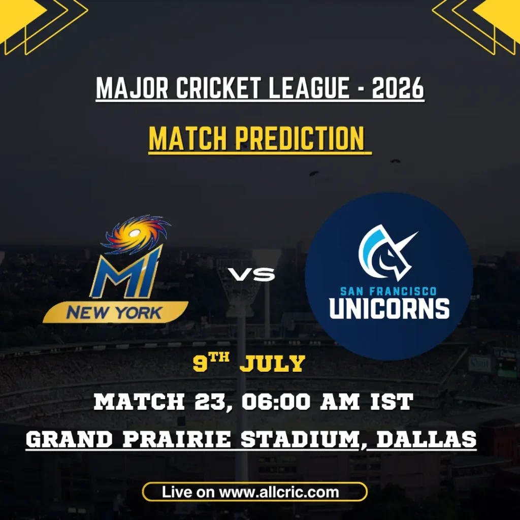 MINY vs SFU today match prediction graphic for MLC 2026 Match 23 featuring MI New York vs San Francisco Unicorns at Grand Prairie Stadium, Dallas, with match details and expert win prediction.
