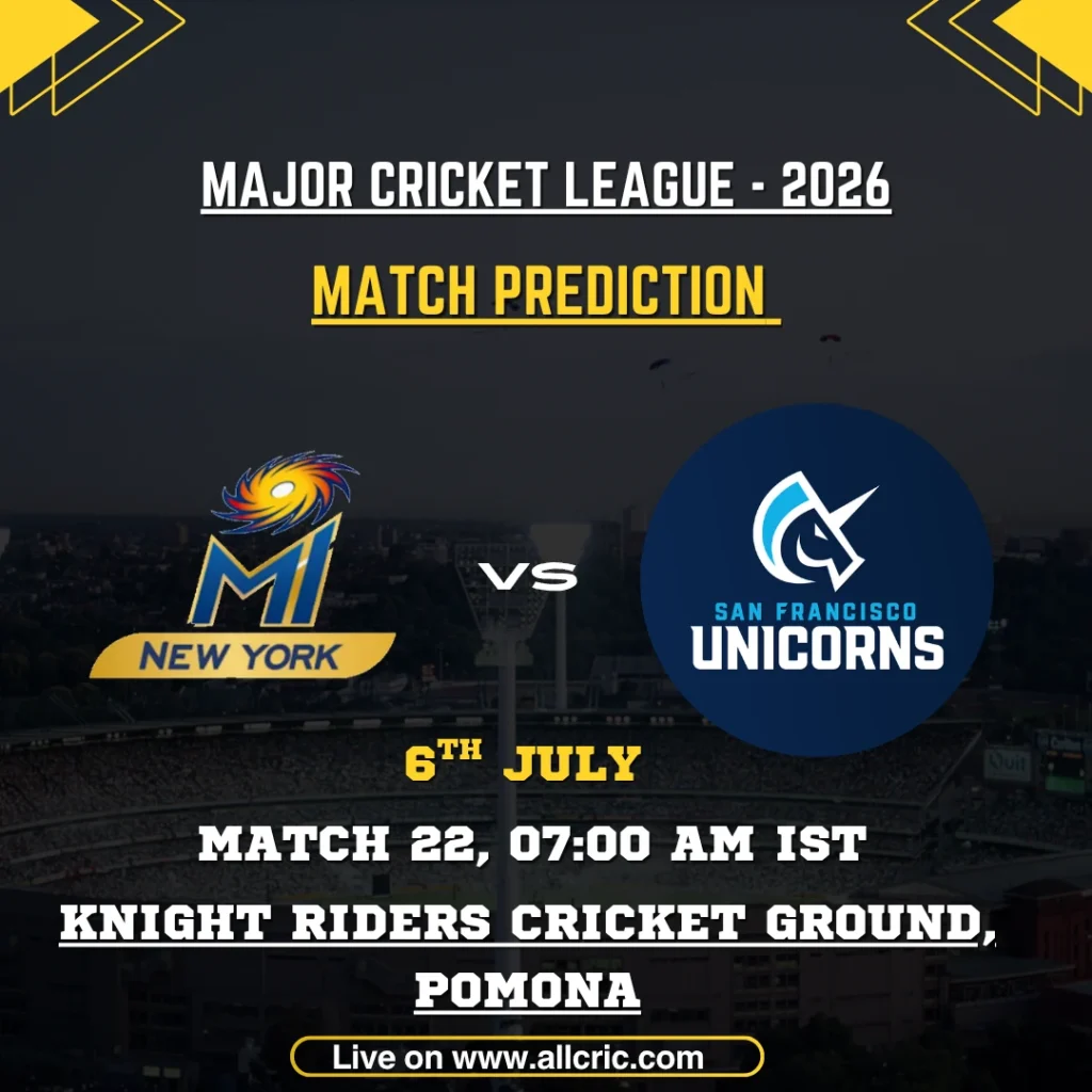 MINY vs SFU today match prediction graphic for MLC 2026 Match 22 featuring MI New York vs San Francisco Unicorns at Knight Riders Cricket Ground, Pomona, with match details and winner prediction.