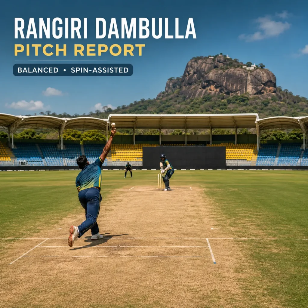 Rangiri Dambulla pitch report showing a balanced, spin-assisted surface at Rangiri Dambulla International Stadium