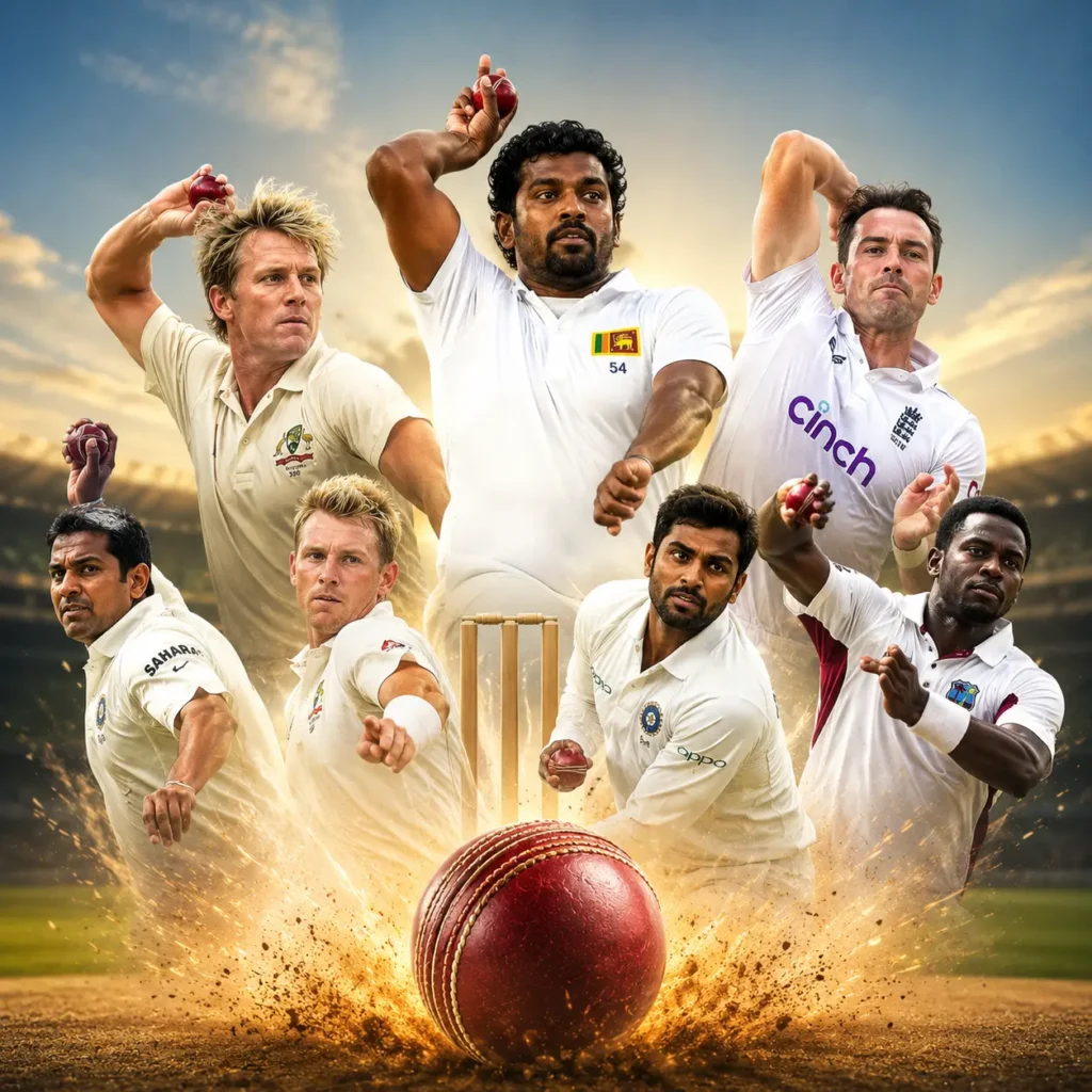 Top bowlers with the most wickets in Test cricket history featuring Muttiah Muralitharan, Shane Warne, James Anderson, Anil Kumble, Glenn McGrath, Ravichandran Ashwin, and Dale Steyn.