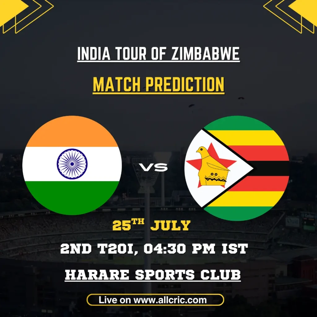 ZIM vs IND today match prediction for Zimbabwe vs India 2nd T20I at Harare Sports Club, with India leading the series 1-0.