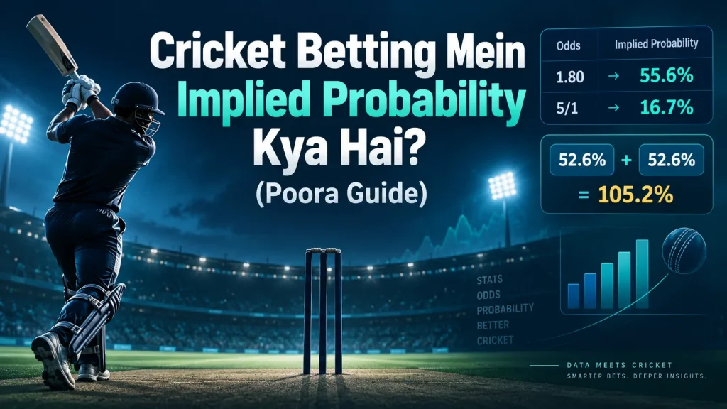 Cricket betting mein implied probability explain karta graphic, jisme 1.80 odds ko 55.6% aur 5/1 odds ko 16.7% probability mein convert karke bookmaker margin aur probability comparison dikhaya gaya hai.