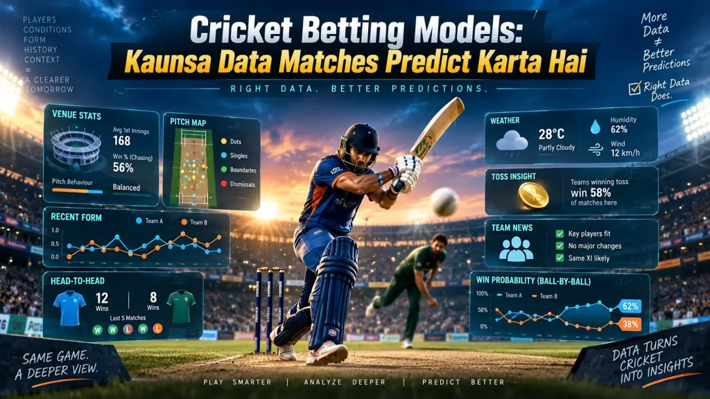 Cricket betting models infographic showing how pitch and venue stats, recent player form, head-to-head records, weather, toss, team news aur ball-by-ball win probability jaise data points match prediction ko influence karte hain. Image mein headline “Cricket Betting Models: Kaunsa Data Matches Predict Karta Hai” ke saath cricket action aur analytical dashboards dikhaye gaye hain.