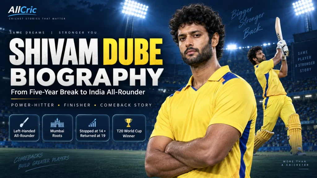 Shivam Dube biography graphic highlighting his journey from a five-year cricket break to becoming an India all-rounder, with Mumbai roots, left-handed power-hitting and T20 World Cup success.