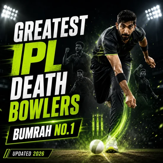 Jasprit Bumrah ranked No. 1 among the greatest IPL death bowlers in history. The graphic showcases Bumrah in a bowling action under stadium lights, highlighting his elite yorkers, death-over control, and status as the most complete IPL death-over specialist.