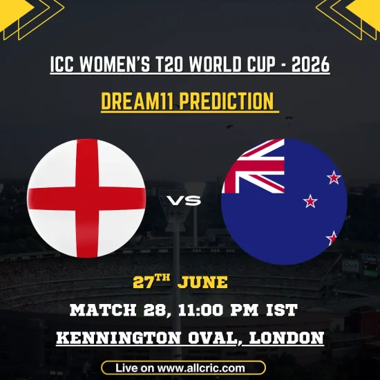 England Women vs New Zealand Women Dream11 prediction graphic for ICC Women’s T20 World Cup 2026 at Kennington Oval, London, featuring key players Danni Wyatt-Hodge, Sophie Devine, and Amelia Kerr with pitch report, toss prediction, fantasy tips, and ENG-W vs NZ-W today match prediction insights.