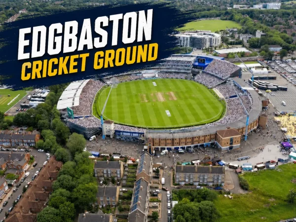 Aerial view of Edgbaston Cricket Ground in Birmingham, showing the packed stands, central cricket pitch, surrounding buildings, and “Edgbaston Cricket Ground” text overlay.