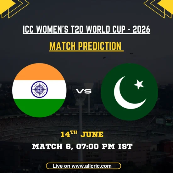 IND-W vs PAK-W today match prediction graphic for ICC Women’s T20 World Cup 2026 featuring India Women vs Pakistan Women at Edgbaston, Birmingham. The image highlights match prediction, winner prediction, team comparison, key players, and match details for the high-profile Group 1 clash.
