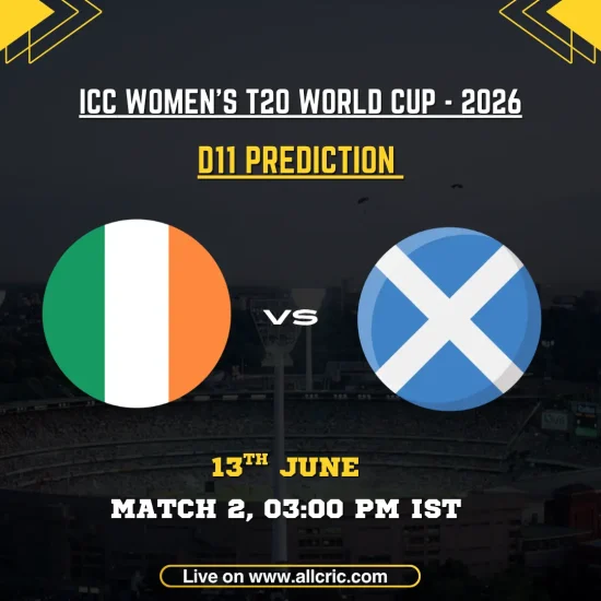 IRE-W vs SCO-W Dream11 prediction today match graphic for ICC Women’s T20 World Cup 2026 featuring Ireland Women vs Scotland Women at Old Trafford, Manchester. The image highlights Dream11 team prediction, fantasy cricket tips, captain and vice-captain picks, and key players for the Group 2 clash.