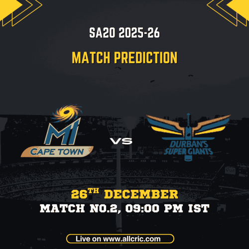 MICT vs DSG today match prediction for SA20 2025-26 Match 1 featuring MI Cape Town vs Durban’s Super Giants, scheduled on 26 December at Newlands, Cape Town, starting at 9:00 PM IST.