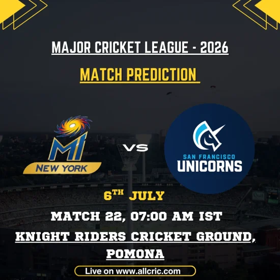 MINY vs SFU today match prediction graphic for MLC 2026 Match 22 featuring MI New York vs San Francisco Unicorns at Knight Riders Cricket Ground, Pomona, with match details and winner prediction.
