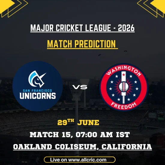 SFU vs WF today match prediction graphic for Major League Cricket 2026 Match 15 featuring San Francisco Unicorns vs Washington Freedom at Oakland Coliseum, California, with winner prediction and match details.