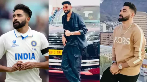 Mohammed Siraj net worth 2026 collage featuring his cricket career, Range Rover and luxury lifestyle.