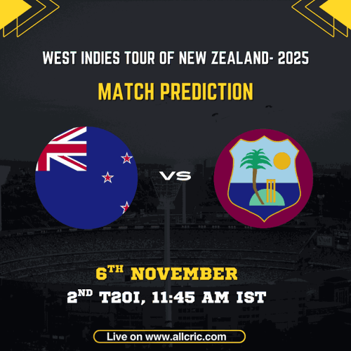 New Zealand vs West Indies 2nd T20I 2025 match poster showing both team flags, match timing, and date during the West Indies tour of New Zealand. Designed for WI vs NZ today match prediction, WI vs NZ match prediction, and fantasy cricket insights.