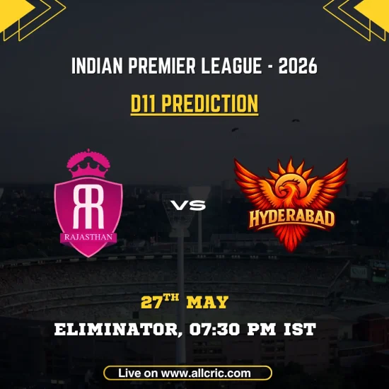 RR vs SRH Dream11 prediction today match IPL 2026 Eliminator poster featuring Rajasthan Royals vs Sunrisers Hyderabad on May 27 at 7:30 PM IST.