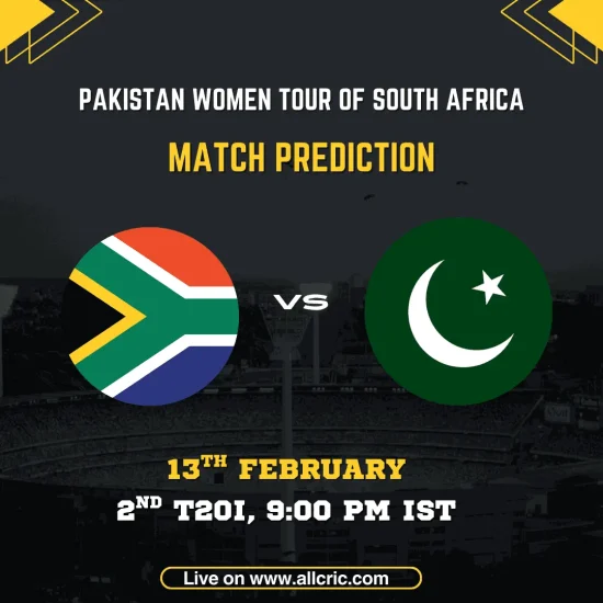 South Africa Women vs Pakistan Women 2nd T20I match prediction graphic featuring national flags, match details for February 13th 2026 at 9:00 PM local time at Willowmoore Park Benoni, with Dream11 team analysis and today's match prediction for Pakistan Women tour of South Africa with SA-W leading series 1-0